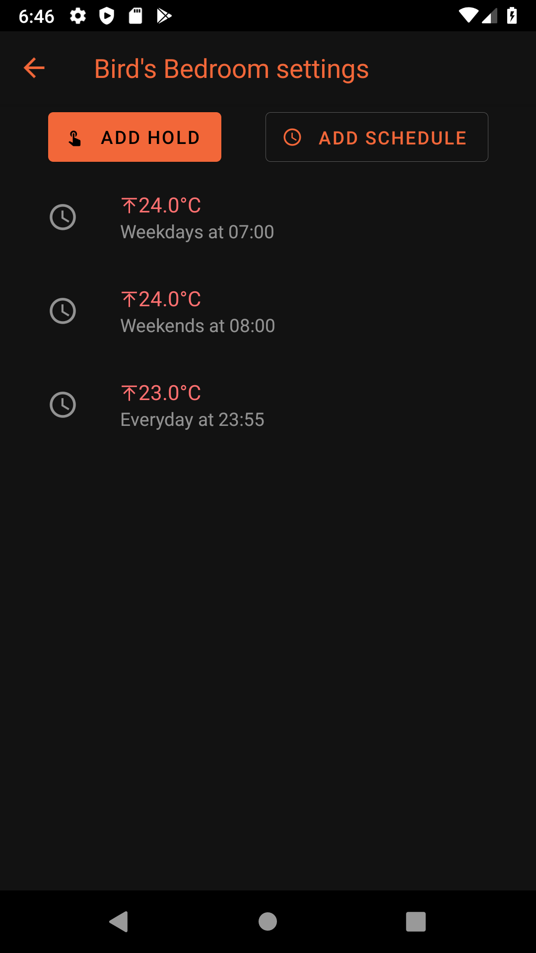 Settings for a single thermostat