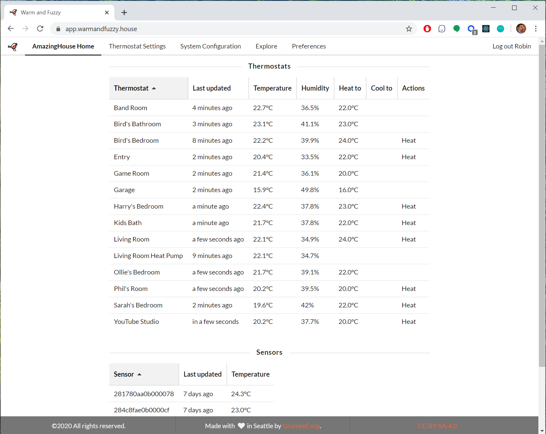 Home page: list of thermostats' and sensors' latest values